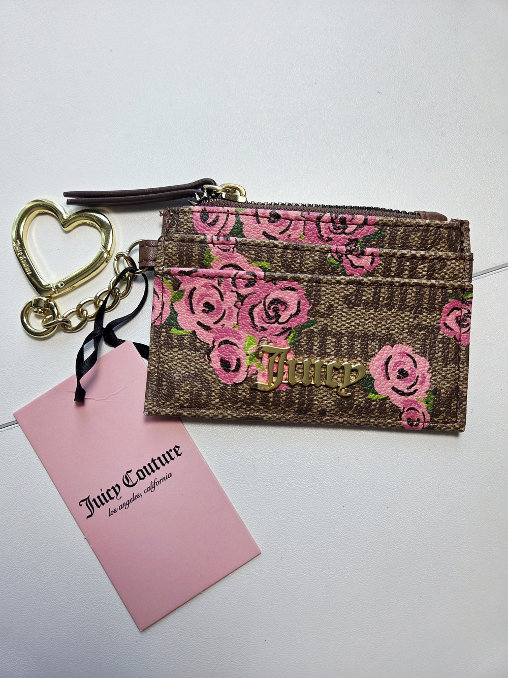 Juicy Couture Monogram Card Holder Brown w/ Pink Rose Print & Heart Keychain NWT